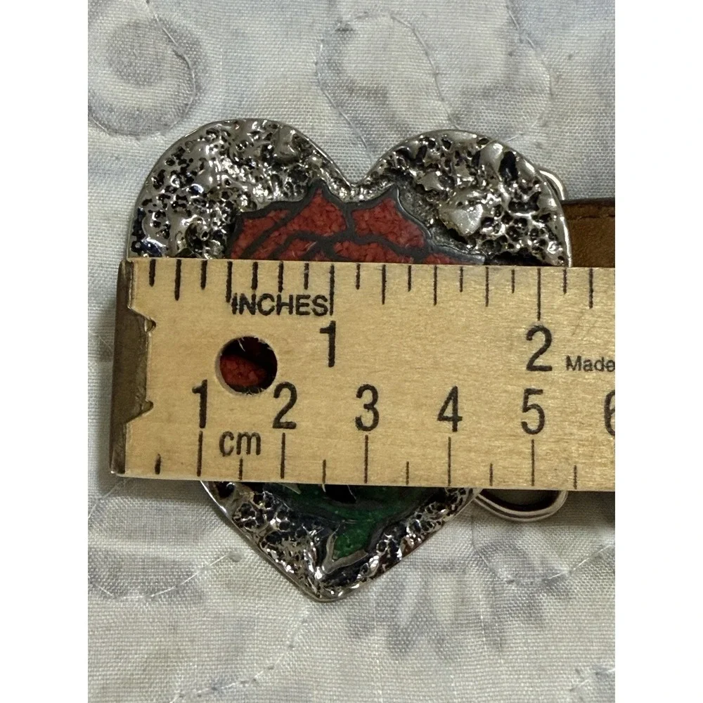 VTG Tony Lama Silver Heart Red Rose‎ Buckle Leather Embossed Western Belt C50739
